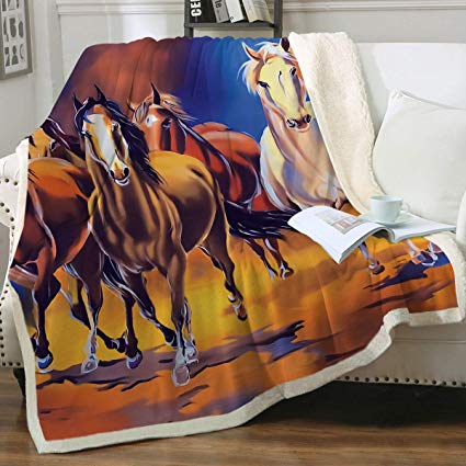 Sleepwish Seven Galloping Horses Sherpa Fleece Reversible Throw Blanket Horse Animal Cowboy Western Reversible Fluffy Cozy Twin(60"x80") Bed Blanket