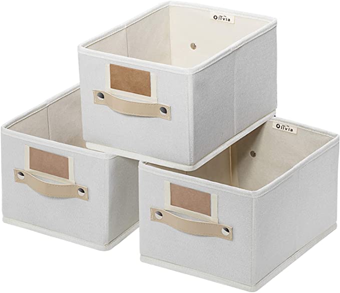 OLLVIA Foldable Storage Bins Set of 3, Rectangle Baskets for Organizing, Storage Basket with Labels, Decorative Organizer Bins for Shelves, Fabric Closet Storage Bins Box for Home|Office 11.4x8.7x6.7”