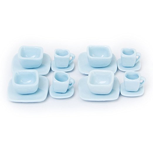 Porcelain Tea Set - TOOGOO(R)16 pcs Miniature Dollhouse Square Dinnerware Porcelain Tea Set Tableware Mug Plate Light Blue