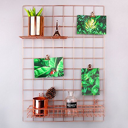 Simmer Stone Rose Gold Wall Grid Panel for Photo Hanging Display & Wall Decoration Organizer, Multi-functional Wall Storage Display Grid, 5 Clips & 4 Nails Offered, Set of 1, 17.7"x 25.6"
