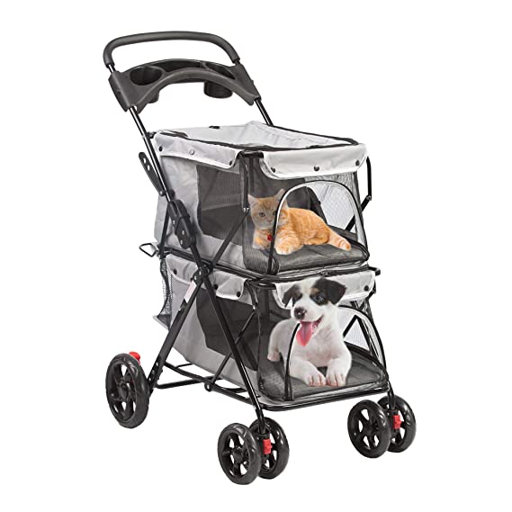 LUCKYERMORE Double Pet Stroller for 2 Dogs Cats, Small Medium Animals Folding Travel Carriage, Easy to Walk, Gray