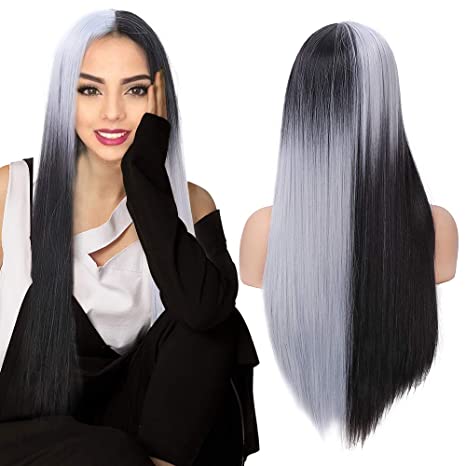 fani Long Straight Hair Wigs 24 Inches Fashion Omber Half White Half Black Wig Silky Synthetic Hair Wigs for Women Daily Cosplay