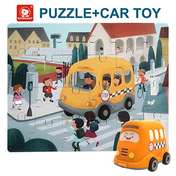 TOP BRIGHT Floor Puzzles for Kids Ages 2-4 , 24 Pieces Puzzles for Kids Cars , Educational Puzzles for Toddler-School Bus