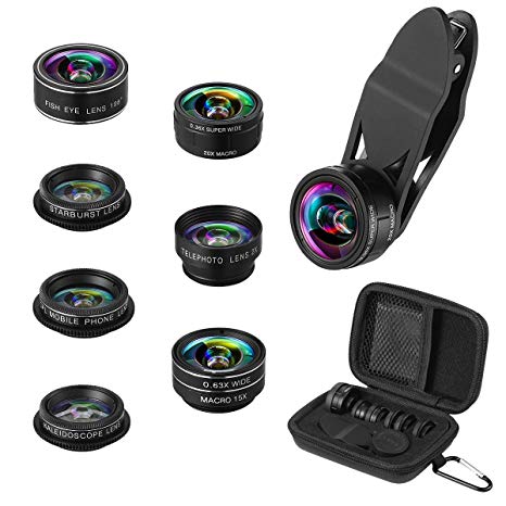 KeeKit Phone Camera Lens, 9 in 1 Lens for iPhone, 2X Zoom Lens   0.36X Super Wide Angle Lens   198° Fisheye Lens   15X & 20X Macro Lens   CPL   Kaleidoscope Lens   Starburst Lens for Smartphones