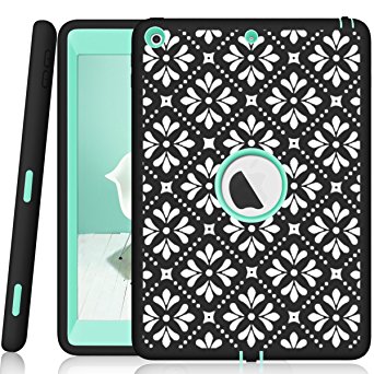 A1822/A1823 iPad 9.7 Case 2017, Hocase Heavy Duty Shockproof Silicone Rubber Bumper Hard Shell Hybrid Protective Case w/ Cute Floral Pattern and Kickstand for iPad 5th Generation - Black/Teal Green