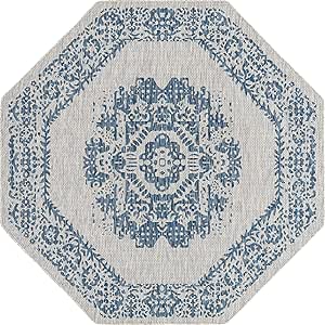 Unique Loom Outdoor Traditional Collection Area Rug - Timeworn (7' 10" Octagon, Blue/ Gray)