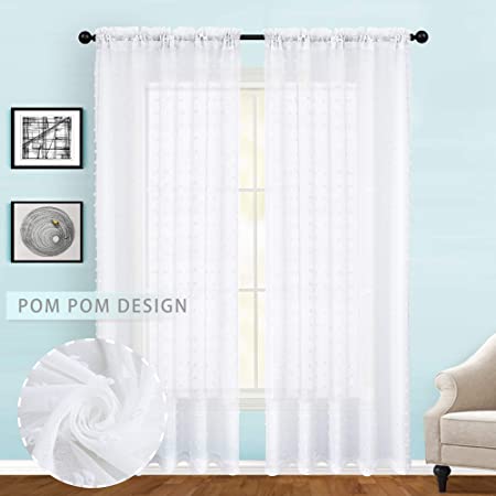 Pom Pom Curtains,Rod Pocket White Voile Sheer Curtains for Living Room Dinning Room Bedroom Kids Room Girls Window Treatments Embroidered with Lint Flower Design,52 Inch by 95 Inch,Two Panels