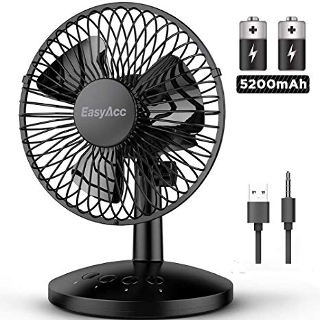 EasyAcc Oscillating Desk Fan Portable Table Fan Built-in 5200mAh Battery Personal USB Powered Floor Fan with Adjustable Head 6-16 Hours 3 Speeds Quiet Enhanced Airflow for Travel Camping Office Home