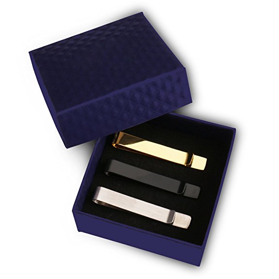 Uhibros Mens Tie Clip Tie Bar Set for Regular Ties 2.1 inch Silver, Black, Gold Tone Luxury Gift Box