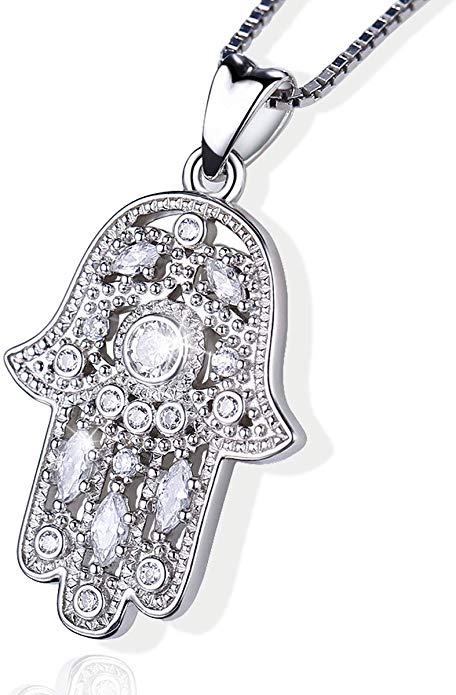 Aniu 925 Sterling Silver Necklace for Women, Hamsa Hand of Fatima Evil Eye Pendant with Cubic Zirconia, Comes with Black Jewelry Gift Box and 18 Inch Chain