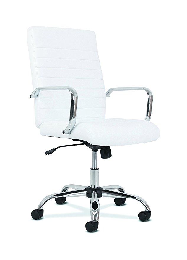 HON Sadie Executive Computer Chair- Fixed Arm for Office Desk, White Leather with Chrome Accents (HVST513)