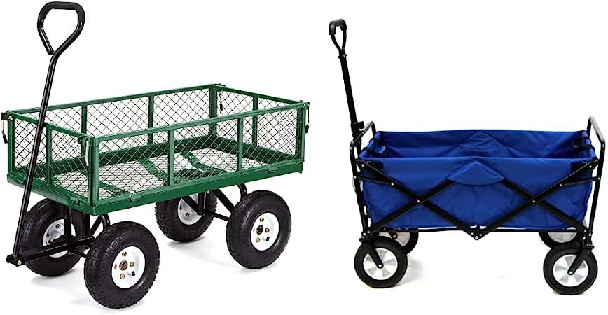 Gorilla Carts GOR400-COM Steel Garden Cart with Removable Sides, 400-lbs. Capacity, Green & MAC Sports WTC-111 Outdoor Utility Wagon, Solid Blue