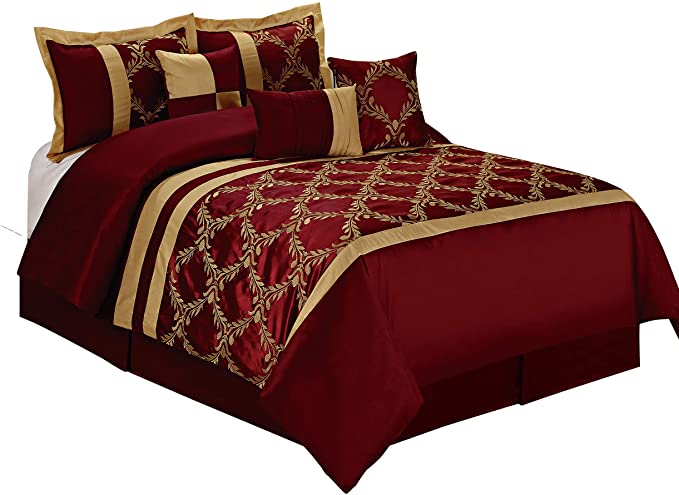 HIG 7 Piece Comforter Set Queen - Burgundy and Gold Faux Silk Fabric Embroidered - Claremont Bed in A Bag - Breathable and Wrinkle Resistant - 1 Comforter, 2 Shams, 3 Decorative Pillows, 1 Bedskirt