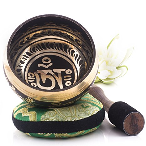 Silent Mind ~ Tibetan Singing Bowl Set ~ Om Mani Padme Hum ~ With Mallet & Silk Cushion ~ For Meditation, Chakra Healing, Prayer ,Yoga, and Mindfulness ~ Perfect Gift