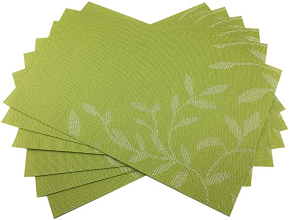 Gugrida Place Mats PVC Set of 6, Table Placemats Set of 6 PVC Washable Woven Vinyl Place Mats Heat Insulation Top Meal Mat Table Mats Natural Color (6 pcs, Green Leaves)
