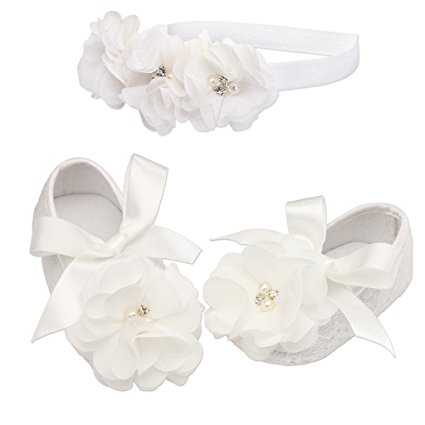 "Petals" Ivory Lace Baptism Christening Shoe and Headband Set for Baby Girl (Size 2)