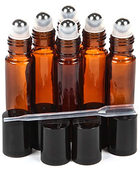 Vivaplex , 6, Amber, 10 ml Glass Roll-on Bottles With Stainless Steel Roller Balls - .5 Ml Dropper Included