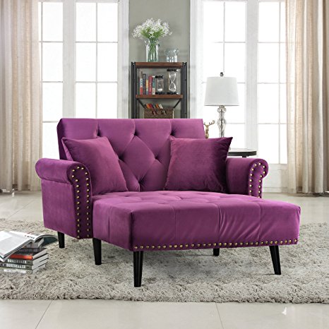 Modern Velvet Fabric Recliner Sleeper Chaise Lounge - Futon Sleeper Single Seater with Nailhead Trim (Purple)