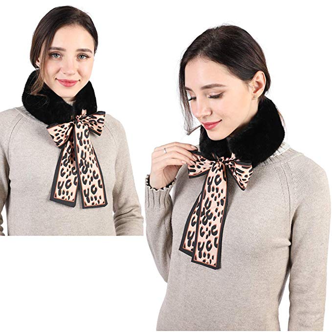 Faux Fur Collar Scarf Fur Neck Scarf For Women Ladies Fashion Leopard Ribbons Fur Scarves Neck Warmer For Coat