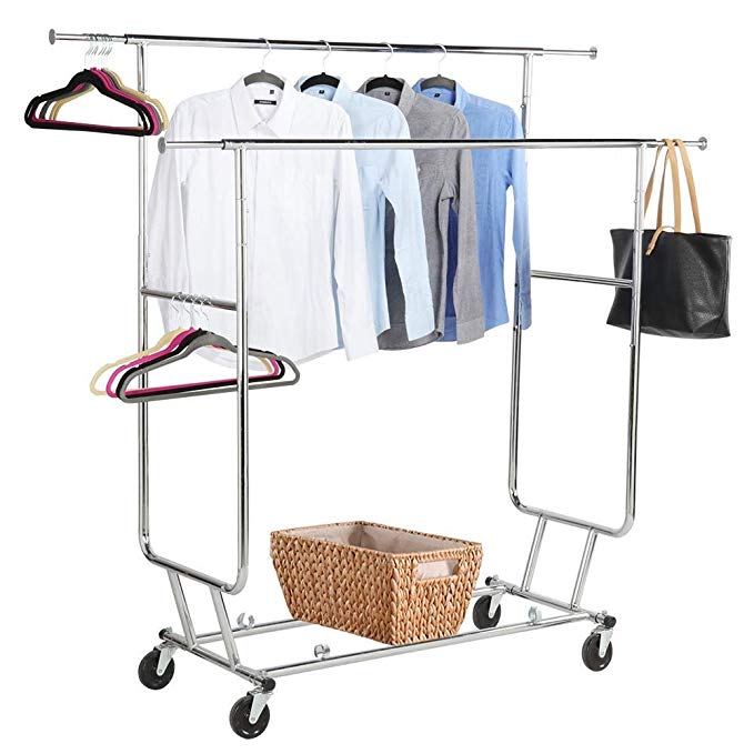 Yaheetech Commercial Grade Garment Rack Rolling Collapsible Rack Hanger Holder Heavy Duty Double Rail Clothes Rack Extensible Clothes Hanging Rack 2 Omni-Directional casters with Brake,250lb Capacity