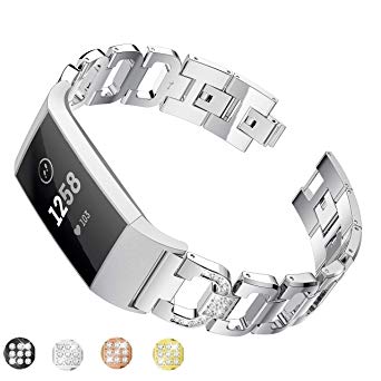 Taolla Compatible with Fitbit Charge 2 Bands Women, Stainless Steel Metal Replacement Bracelet Wristband D-Link Sport Smart Watch Strap  Bling Crystal Rhinestone Diamond for Fitbit Charge 2