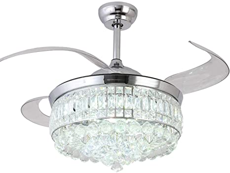 Retractable Crystal Ceiling Fan with Light, Fandelier Ceiling Fan Chandelier with Remote Control 3 Changing Light Indoor Fan Silent Chrome (42 Inch)