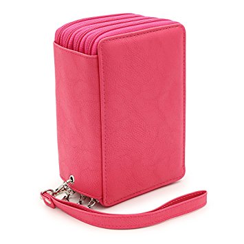 BTSKY PU Leather Colored Pencil Case with Compartments-72 Slots Handy Pencil Bags Large for Watercolor Pencils, Gel Pens and Ordinary Pencils (Pink)