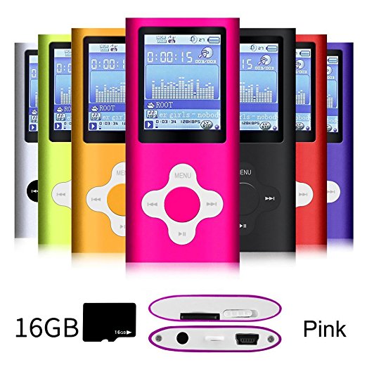 G.G.Martinsen Pink Versatile MP3/MP4 Player with a 16GB Micro SD card, Support Photo Viewer, Radio and Voice Recorder, Mini USB Port 1.8 LCD, Digital MP3 Player, MP4 Player, Video/ Media/Music Player