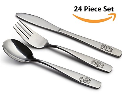 24 Piece Stainless Steel Kids Cutlery, Child and Toddler Safe Flatware, Kids Silverware, Kids Utensil Set Includes 8 Knives, 8 Forks, 8 Spoons, Total of 8 Place Settings, Ideal for Home and Preschools