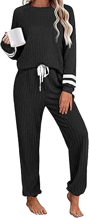 Ekouaer Lounge Sets for Women Ribbed Knit Outfits Pajamas Sets 2 Piece Long Sleeve Sweatsuits with Pockets