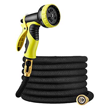 Powerextra 50 ft Non-Kink Expandable Garden Hose, with Double Latex Core,9-Way Spray Nozzle,3/4”Brass Fittings with Shut Off Valve,and Storage Bag, Best 50' Foot Garden Hose-1 Year Warranty （Black）