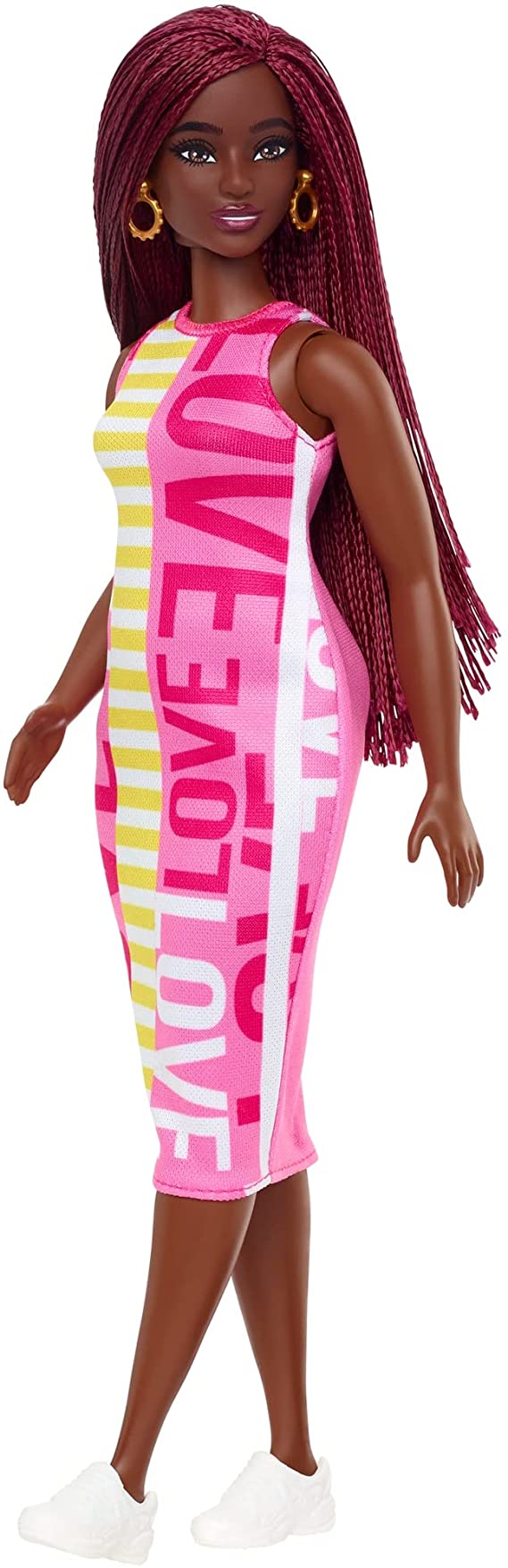 Barbie Fashionistas Doll #186, Curvy, Crimson Braids, Sleeveless Love Dress, Hoop Earrings, Toy for Kids 3 to 8 Years Old