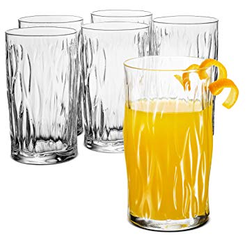 Bormioli Rocco WIND Italian Drinking Glasses - 16.¼ Ounce - (6 Pack) Heavy Base Bar Glass with a Wavy Design - Large Highball Glasses for Water, Juice, Beer, Wine, Whiskey, Cocktails, Lead-Free, Clear