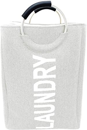 Berry Ave Portable College Laundry Basket Hamper with Handles (Canvas) Vintage Travel Carry and Storage for Dirty Clothes | Dorm Room Essentials for Girls and Guys | White