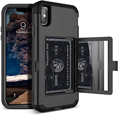 Defender Wallet Design with Hidden Back Mirror and Card Holder Heavy Duty Protection Shockproof 3 in 1 All-Round Armor Protective Case for iPhone XS Max (Black)