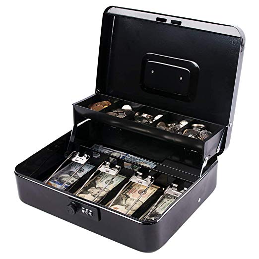Kyodoled Money Box with Combination Lock, Metal Cash Box with Money Tray, Cash Register,5 Compartments Cantilever Tray & 4 Spring-Loaded Clips for Bills,11.81"x 9.45"x 3.54" Black
