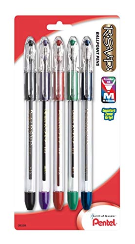 Pentel R.S.V.P. Ballpoint Pens, Fine Point, 0.7 mm, Clear Barrel, Assorted Ink Colors, Pack of 5