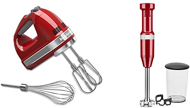 KitchenAid KHM7210ER 7-Speed Digital Hand Mixer with Turbo Beater II Accessories and Pro Whisk - Empire Red & KHBV53ER Variable Speed Corded Hand Blender, Empire Red