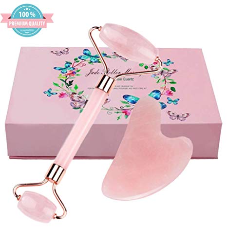2019 Upgraded Noiseless 100% Authentic Rose Quartz Face Roller and Gua Sha Scraper Premium Jade Stone for Face, Eye, Neck, Wrinkles