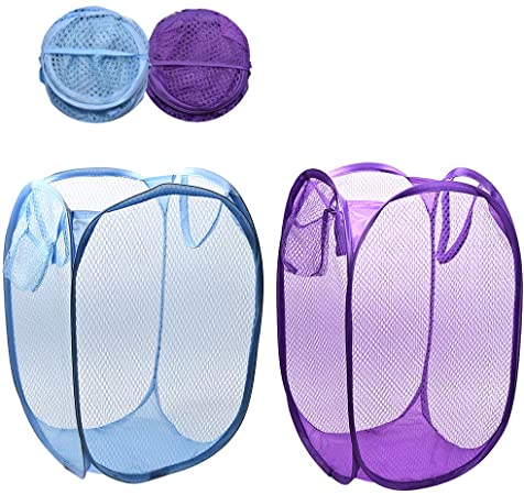Wecando Foldable Pop-Up Mesh Laundry Hamper with Side Pocket Clothes Laundry Basket Storage Bag with Carry Handles for Dirty Clothes (2 Pack)