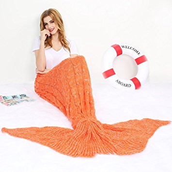 Merssyria Mermaid Tail Blanket,Handmade Crochet Blankets with Vacuum Waterproof Package,Sleeping Bag for kids and Adults, All Seasons Use in Bed,Sofa or Traveling(71"x35.5", Orange-Butterfly Tail)