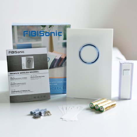 Doorbell FiBiSonic Portable Wireless Door Bell Chime and Push Button with Batteries Included for Tabletop Use or Wall Mounting white