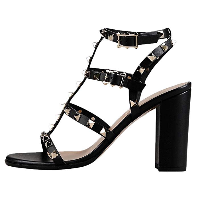 Comfity Leather Sandals for Women,Rivets Studded Strappy Block Heels Slingback Gladiator Shoes Cut Out Dress Sandals