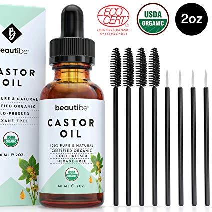 Organic Castor Oil for Hair, Lash and Brow Growth (2oz) - USDA Certified - 100% Pure, Cold-Pressed, Hexane-Free. Skin, Scalp & Nail Treatment. Serum for Eyelashes & Eyebrows + Mascara Kit | BeautiBe