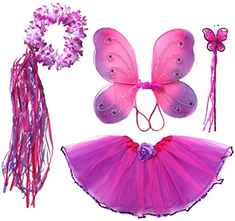 Girls Fairy Costume with Wings, Tutu, Wand & Halo Fits Age 2-7 (hot pink and purple)