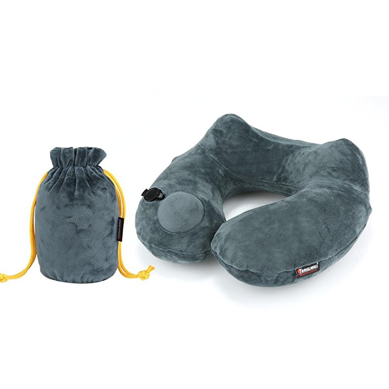 Umiwe Travel Neck Support Pillow Inflatable 3D Ergonomic Design Luxury Velvet Cushion Washable Cover with Carry Bag, Gray