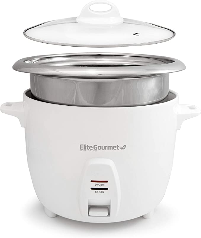 Elite Gourmet ERC-2010 Electric Rice Cooker with Stainless Steel Inner Pot Makes Soups, Stews, Grains, Cereals, Keep Warm Feature, 10 Cooked (5 Cups Uncooked), White