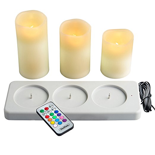 VonHaus Rechargeable Electric Candles – Set of 3 x Battery Operated Flameless LED Real Wax Pillars with 12 Colors, Flickering Mode, Remote Control & Timer (Ivory Color)