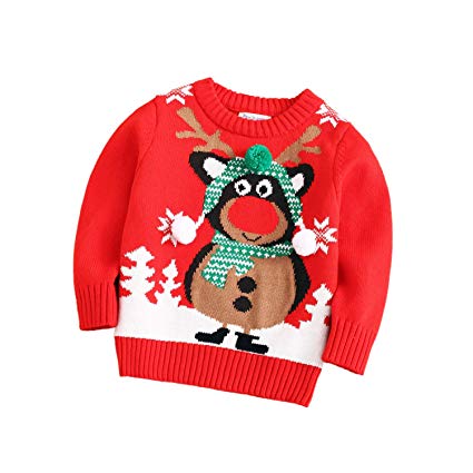 Velius Girl's Long Sleeve Knit Elk Christmas Sweater Tops