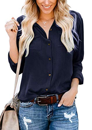 Hiistandd Women Long Sleeve Blouse Tops Basic Simple Button Down Shirt